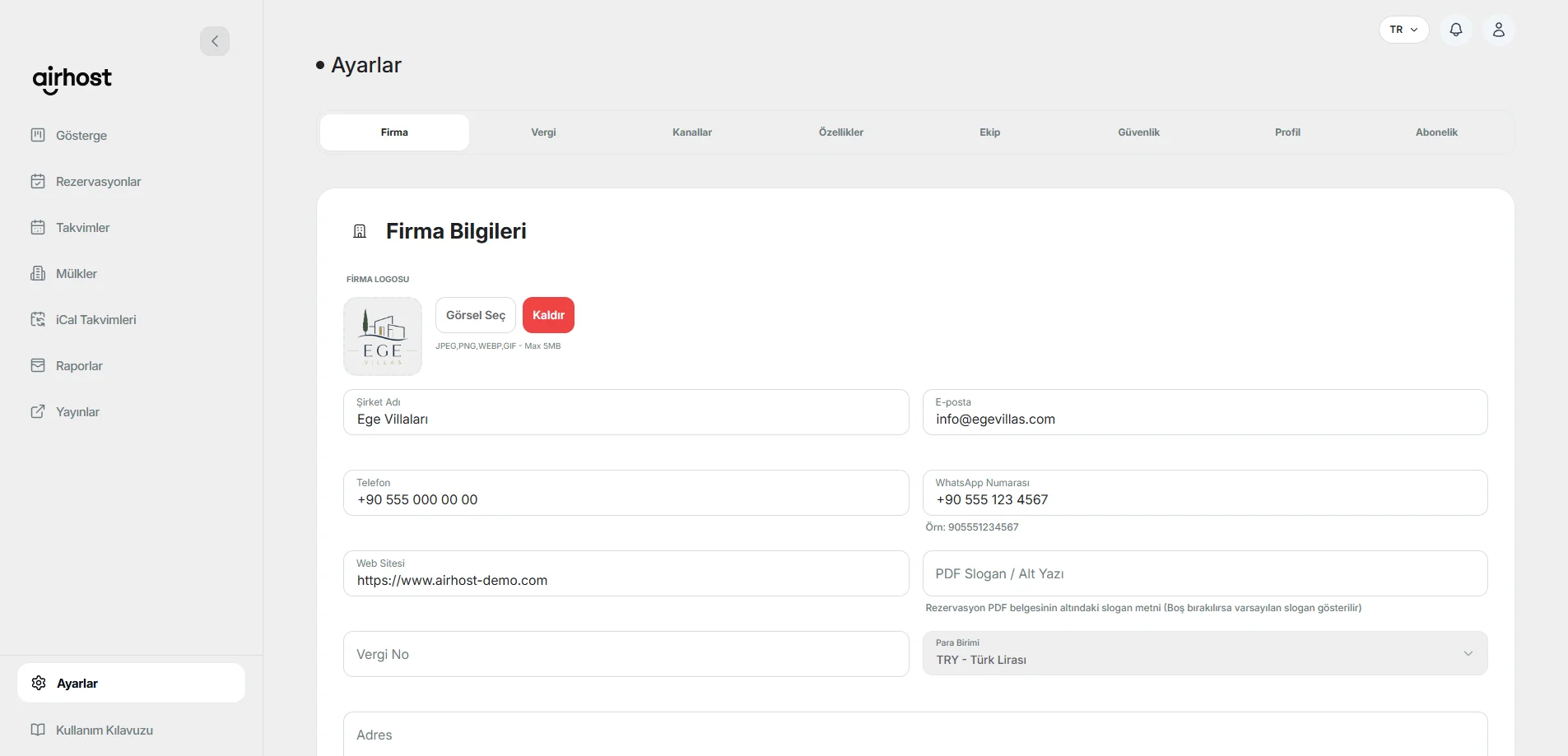 AirHost Firma Bilgileri, Vergi/KDV Oranları ve Sistem Ayarları
