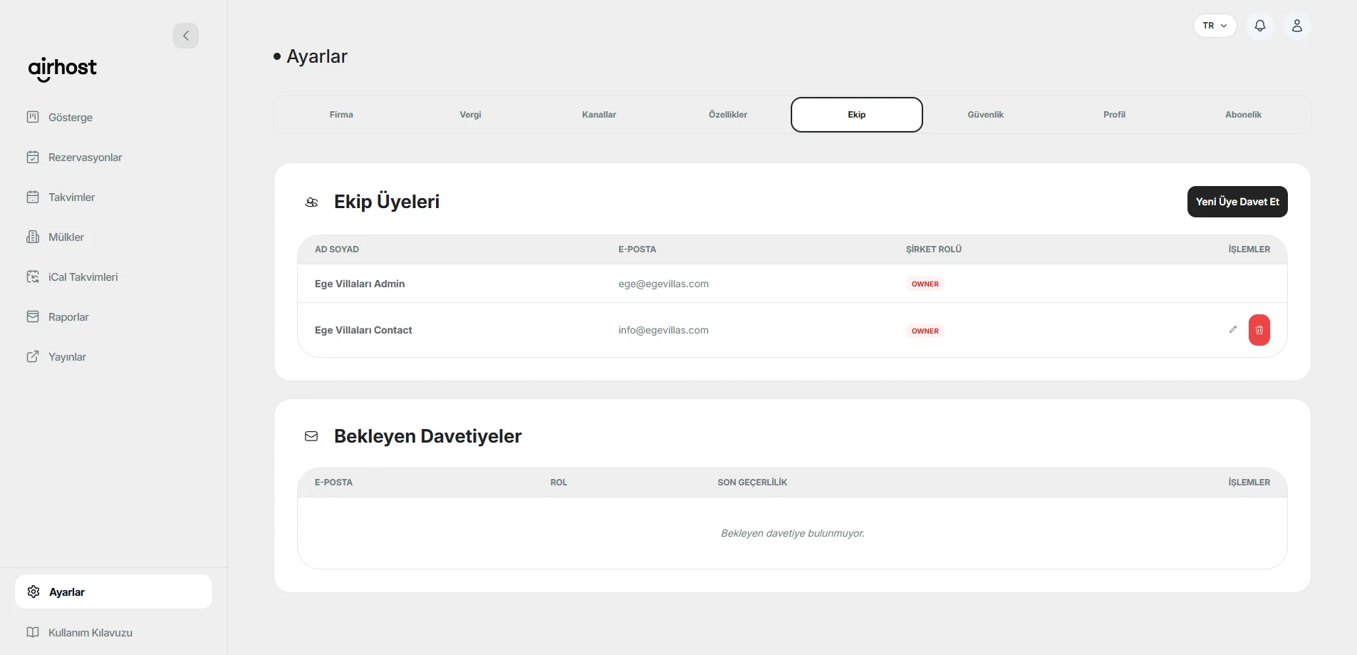AirHost Ekip Üyeleri Yönetimi ve Kullanıcı Yetkilendirme Modalı