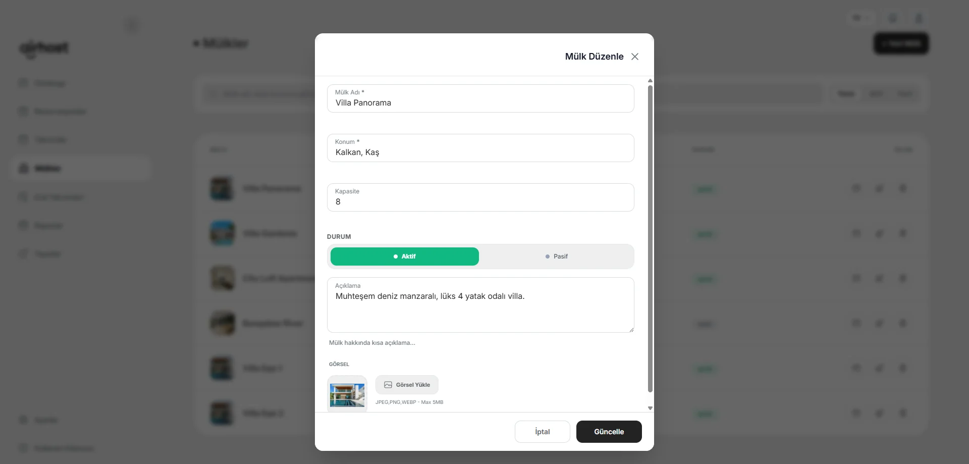AirHost Yeni Mülk Ekleme, Konum ve Olanak Tanımlama Modalı